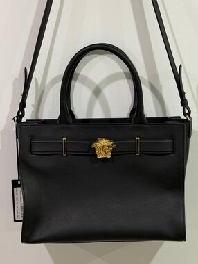 Versace Medusa Large Tote Bag Black Leather Gold Hardware Top Handle Shoulder